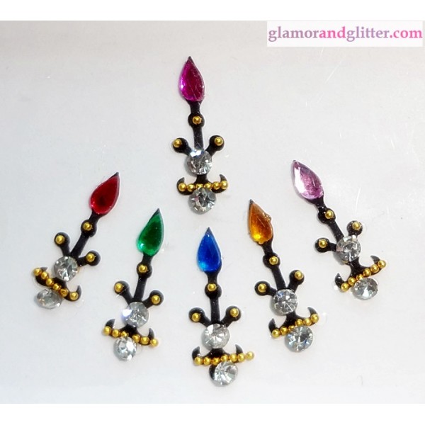 Black Velvet Crystal Diamante Jewelled Bindis with white & colored flame crystals CB106