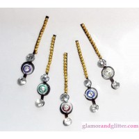 Long Black Velvet Crystal Diamante Jewelled Bindis with white faceted crystals & gold jewels CB109