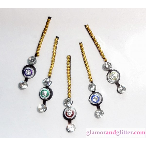 Long Black Velvet Crystal Diamante Jewelled Bindis with white faceted crystals & gold jewels CB109