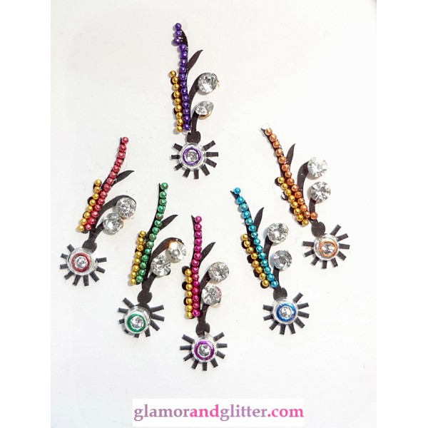 Long Black Velvet Crystal Flower Leaf Jewelled Bindis with white faceted crystals & beads CB110