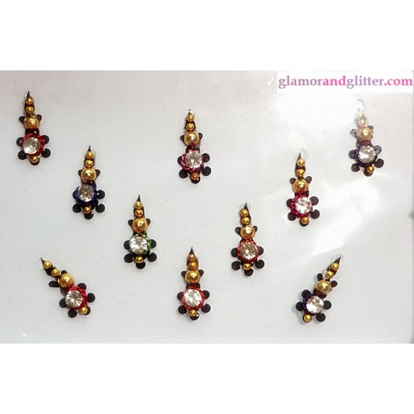 Black Velvet Crystal Diamante Jewelled Bindis with white crystals gold beads CB116