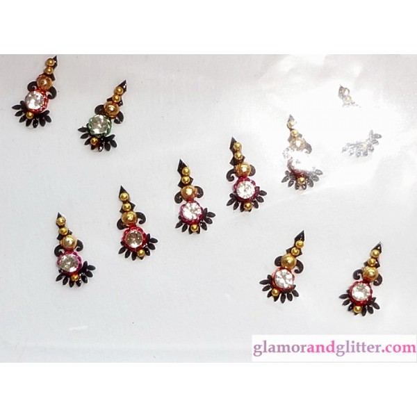 Bindis black background crystals jewels gold beads SCA LOTR CB117