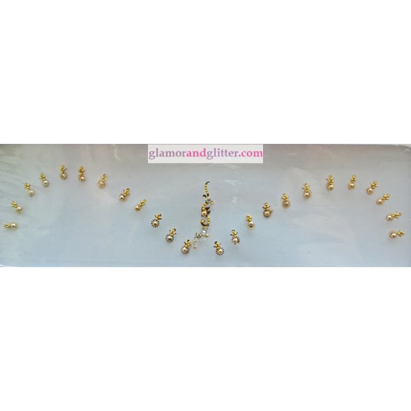 Gold Bridal Wedding Bindis Set White Crystals beads Bellydance SCA LOTR BB120