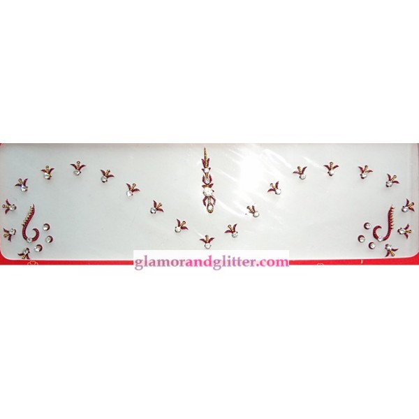 Crystal Bridal Wedding Bindis Set Maroon with White Crystals Gold beads Bellydance SCA LOTR BB108