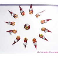 Maroon Crystal Diamante Jewelled Flame Bindis with white crystals gold jewels CB112