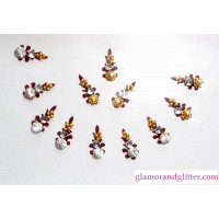 Maroon Crystal Diamante Jewelled Bindis with white crystals gold beads CB115