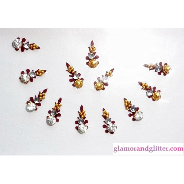 Maroon Crystal Diamante Jewelled Bindis with white crystals gold beads CB115