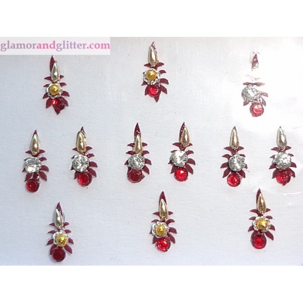 Dark Burgundy Bindis with white crystals red crystals gold beads CB128