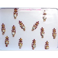 Trishul Bindis Dark Maroon with white crystals gold beads CB129