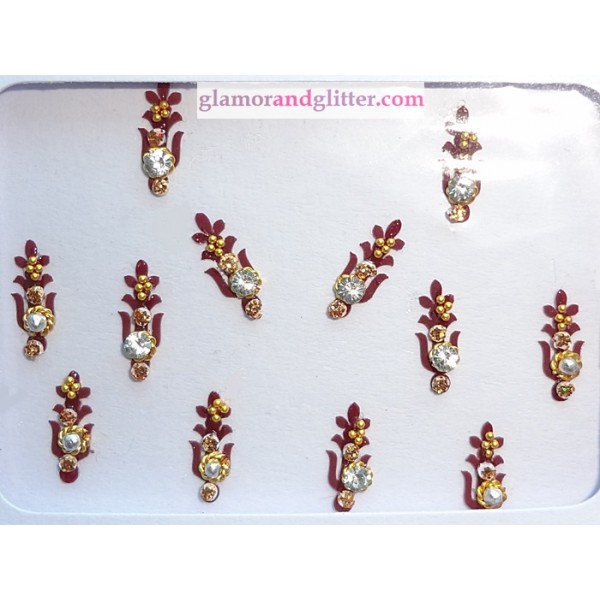 Trishul Bindis Dark Maroon with white crystals gold beads CB129