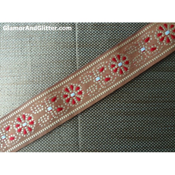 1 3/8" Jacquard Red Antique Gold Copper Embroidered Trim Lace Home Decor Curtains Arts Crafts Accessories lampshades ottomans TJ119