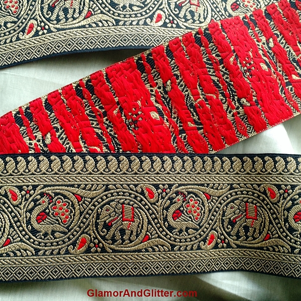 Red & Gold on Black Background Embroidered Jacquard Ribbon 3.4 cm  Wide.