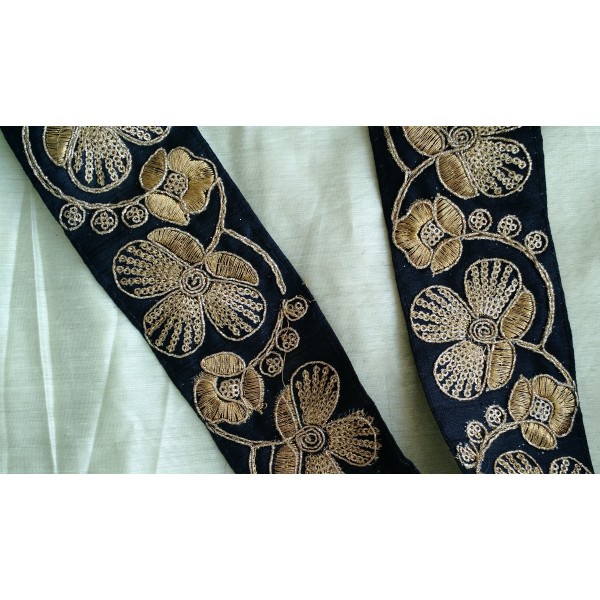 Black Metallic Gold Hand Embroidered Zardozi Trim 2 3/8" Wide  Ribbon Lace Sari Border Vestments Regal Military Renaissance LOTR Evening wear ZT103 Black Metallic Gold Hand Embroidered Zardozi Trim 2 3/8" Wide  Ribbon Lace Sari Border Vestments Regal Military Renaissance LOTR Evening wear ZT103