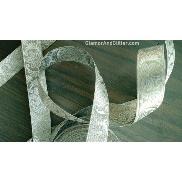 7/8" Metallic Silver Jacquard Embroidered Bridal Trim Lace Ribbon Sari Border LOTR Renaissance SCA BT118