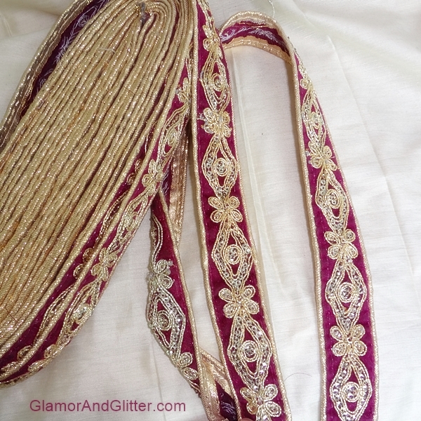 Plum Purple Velvet Trim Ribbon 1 1/8" with gold hand embroidery Vestments Regal Military Renaissance LOTR Evening wear VT107
