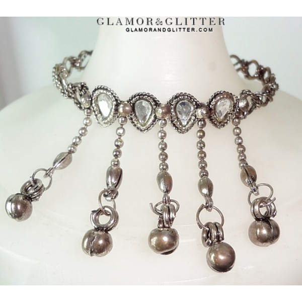 Antique Silver tone dangling Charms Chains White Crystals Bangle Bracelet Gypsy Belly Dancing BL107