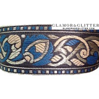 1 5/8" Wide Jacquard Black Metallic Blue Antique Gold Embroidered Trim Lace SCA Renaissance TJ101