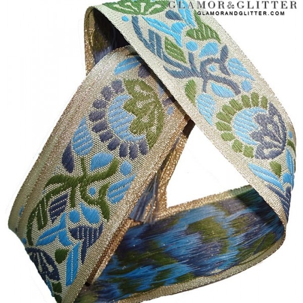 1 3/8" Jacquard Gold Sky Blue Green Embroidered Trim Lace SCA Renaissance TJ107